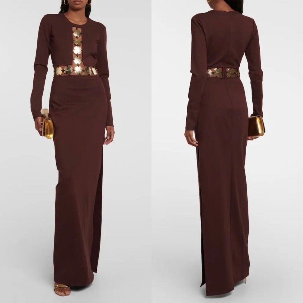 STAUD Delphine Mahogany Brown Cutout Medallion Long Sleeve Maxi Dress Size 2